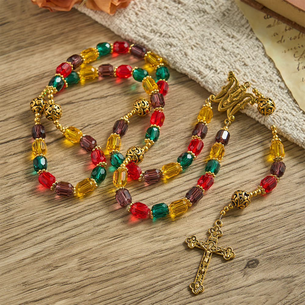 Christianartworkshop Chapelet en perles de cristal cylindriques multicolores : emblème de la joie et de la diversité divines - Notre-Dame et le Crucifix - image 0