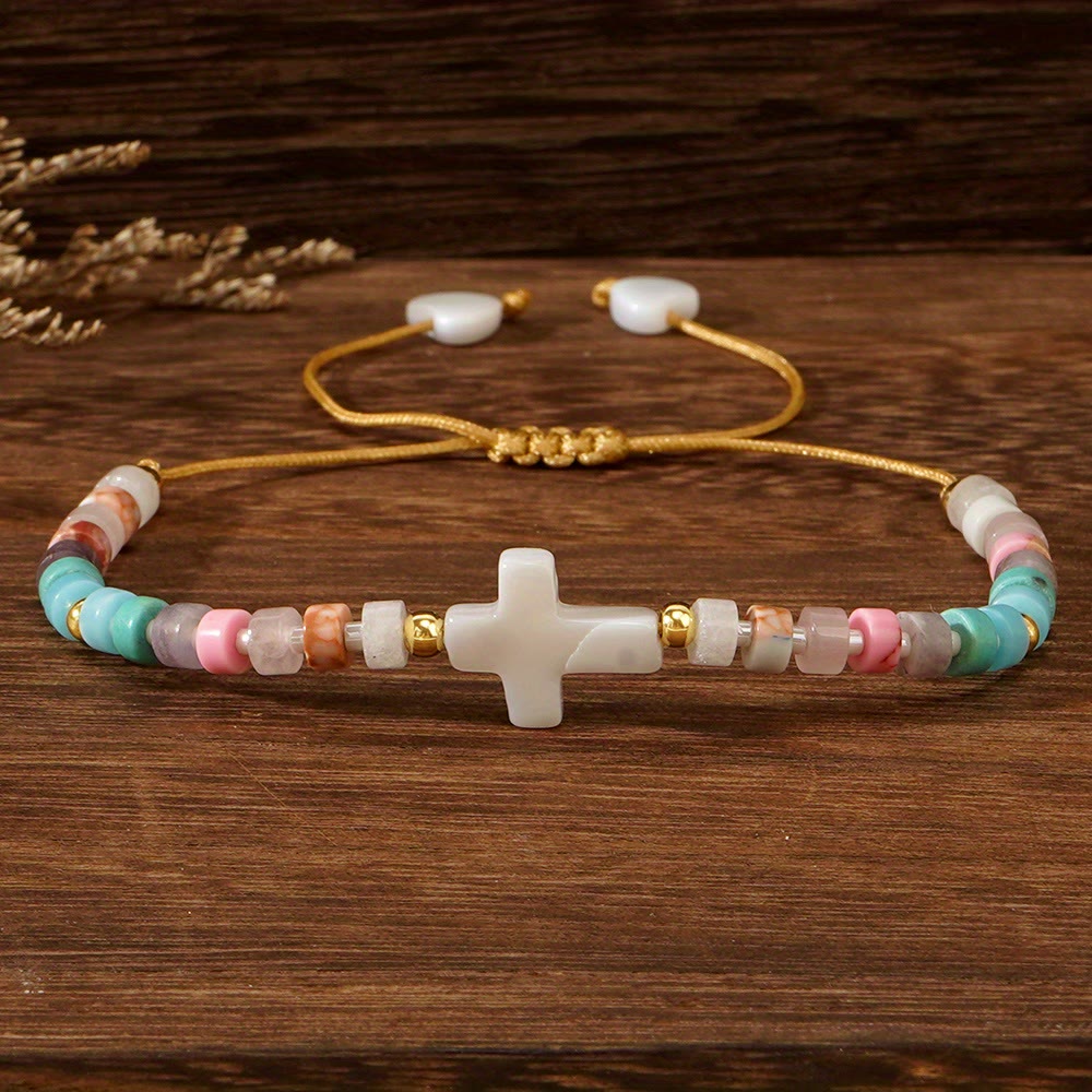 Christianartworkshop Bracelet d'amitié en perles de pierre naturelle et croix creuse : symbole de dévotion spirituelle - image 4