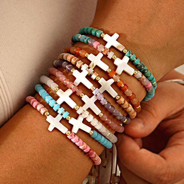 Christianartworkshop Bracelet d'amitié en perles de pierre naturelle et croix creuse : symbole de dévotion spirituelle - image 0