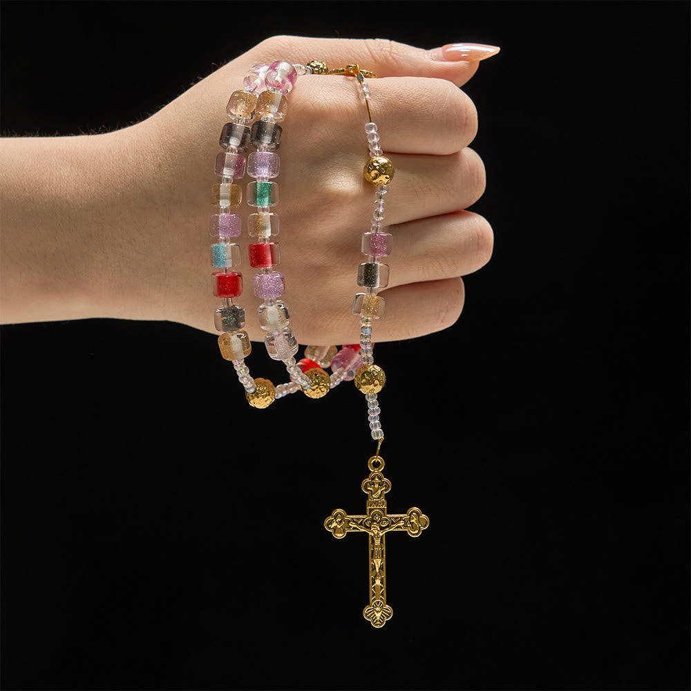 Christianartworkshop Chapelet en perles de résine multicolores : emblème de la joie divine et de la grâce mariale - image 1
