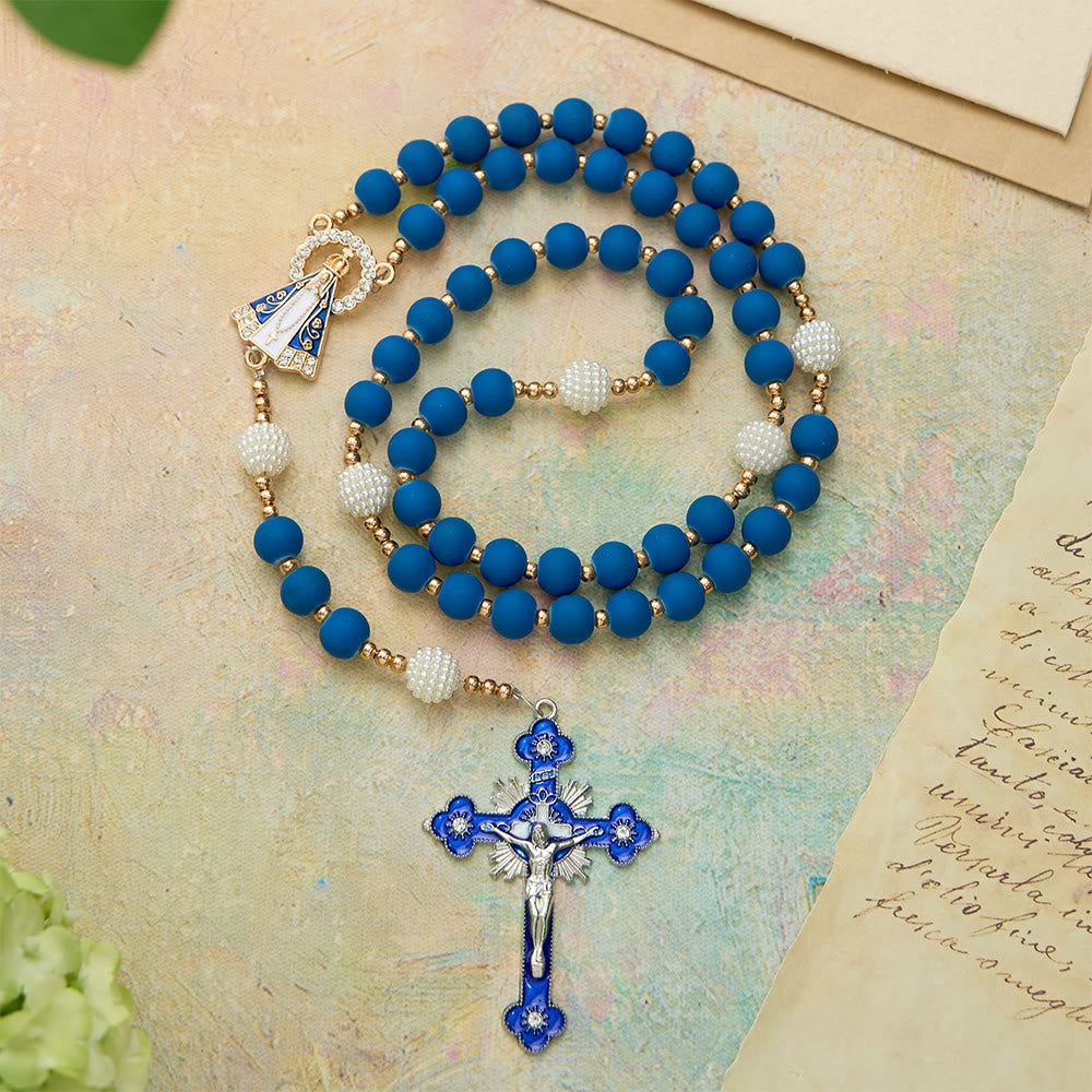 Christianartworkshop Chapelet en perles de caoutchouc bleu mat avec médaille Notre-Dame d'Aparecida - Notre-Dame et le Crucifix - image 0