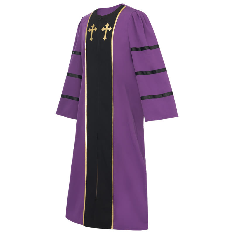 Robe de clergé violette ornée d'une croix dorée et de rayures, style Christianartworkshop - image 2