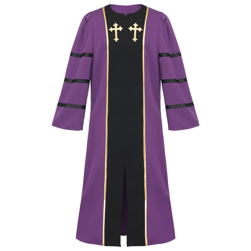 Robe de clergé violette ornée d'une croix dorée et de rayures, style Christianartworkshop - Violet - 2XL - image 1