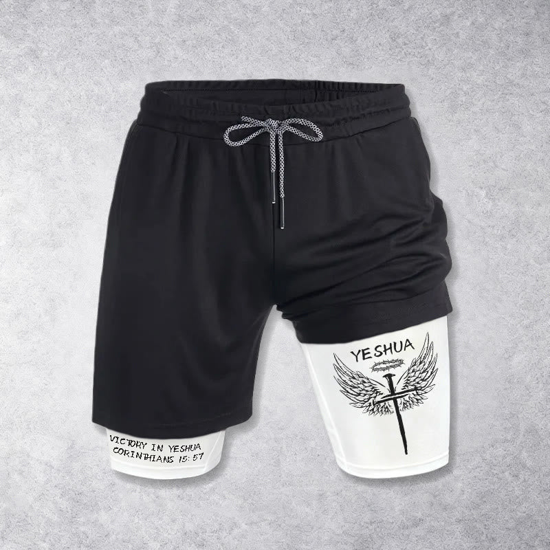 Christianartworkshop 1 Corinthiens 15:57 Victoire en Yeshua Croix Ailée Short de Performance - Blanc - 3XL - image 0