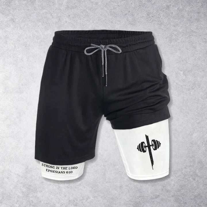 Christianartworkshop Éphésiens 6:10 Fort dans le Seigneur Barbell Cross Performance Shorts - Blanc - 3XL - image 0