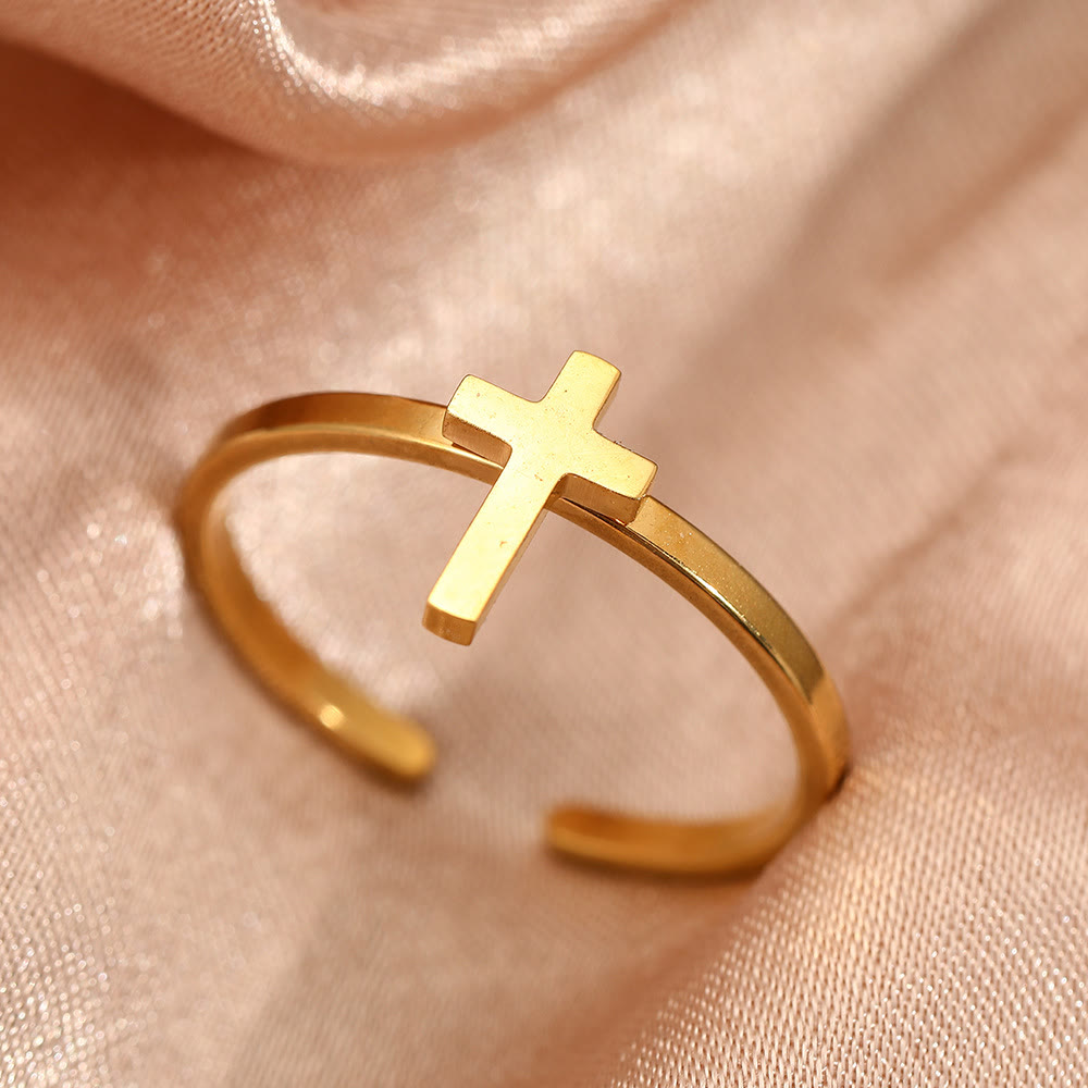 Christianartworkshop Bague croix minimaliste ouverte : symbole de foi profonde et de grâce spirituelle - Or - image 0