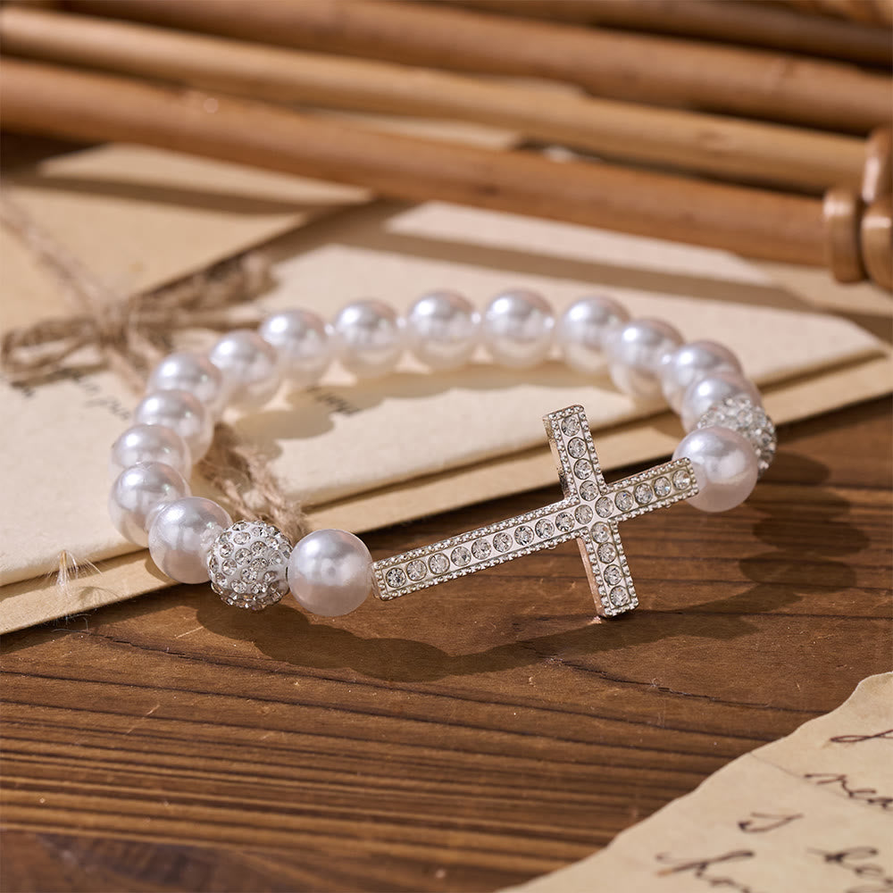 Christianartworkshop Ensemble de deux bracelets croix en perles blanches et noires mates : emblème de pureté et de rédemption divines - image 4
