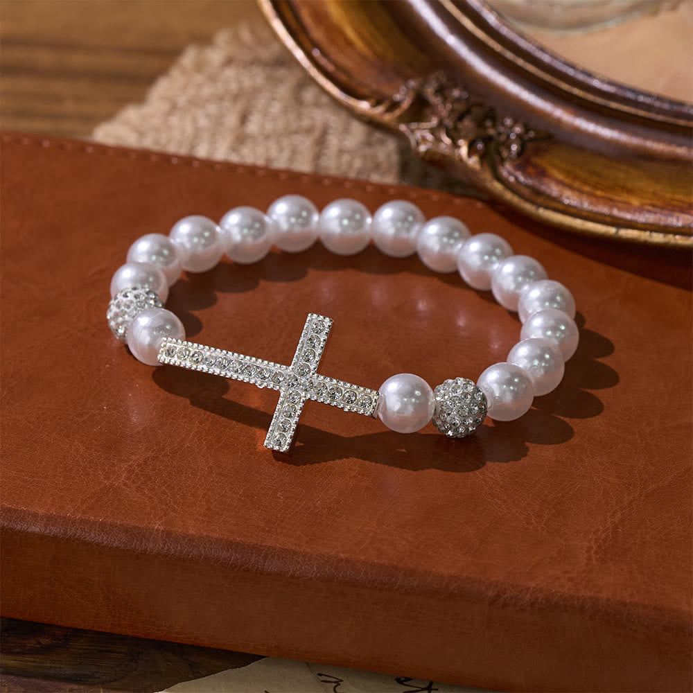 Christianartworkshop Ensemble de deux bracelets croix en perles blanches et noires mates : emblème de pureté et de rédemption divines - image 5