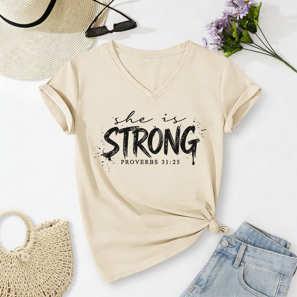 Christianartworkshop Elle est forte Proverbes 31:25 T-shirt décontracté à col en V - Beige - 2XL - image 4