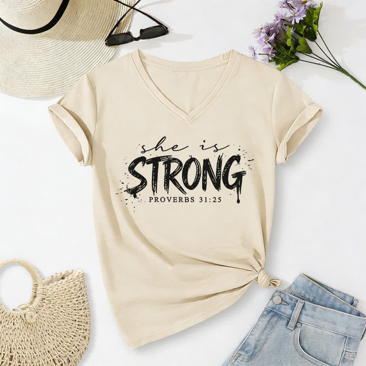 Christianartworkshop Elle est forte Proverbes 31:25 T-shirt décontracté à col en V - Beige - 2XL - image 4