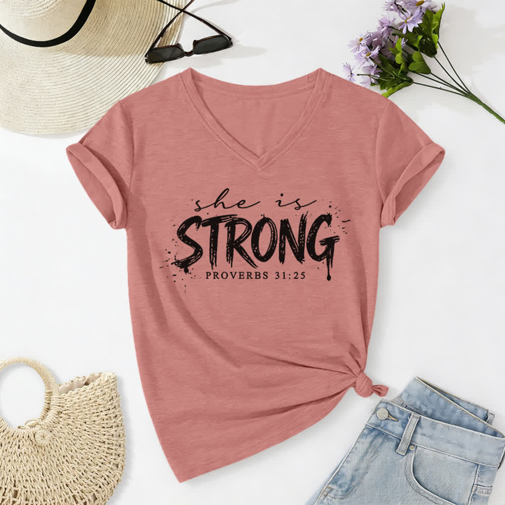 Christianartworkshop Elle est forte Proverbes 31:25 T-shirt décontracté à col en V - Rose clair - 2XL - image 10