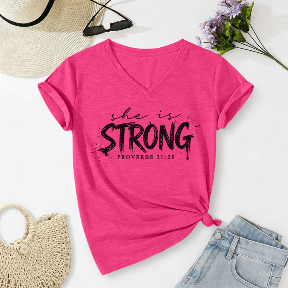 Christianartworkshop Elle est forte Proverbes 31:25 T-shirt décontracté à col en V - Rose - 2XL - image 24