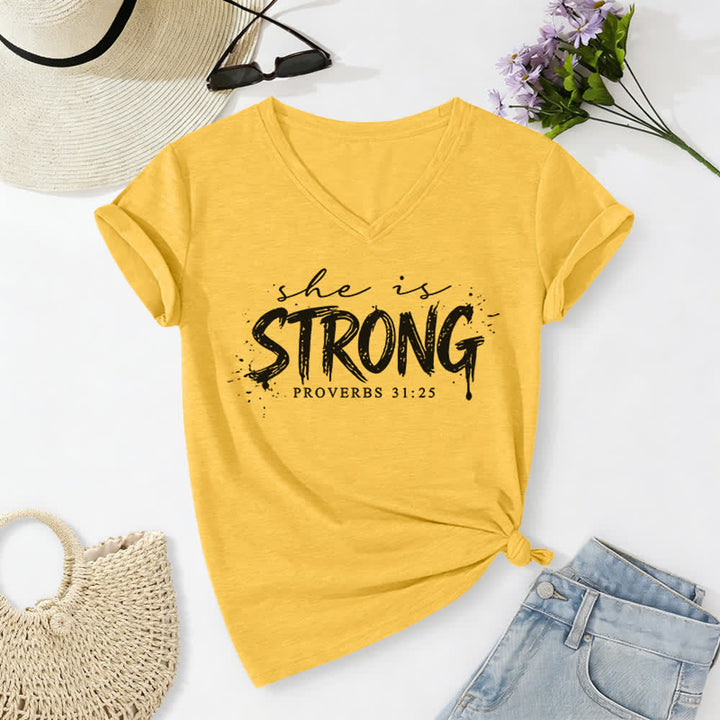 Christianartworkshop Elle est forte Proverbes 31:25 T-shirt décontracté à col en V - Jaune - 2XL - image 6