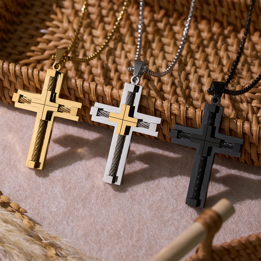 Christianartworkshop Collier croix à âme en acier torsadé double couche tricolore : La lumière de la foi divine à chaque instant - image 0