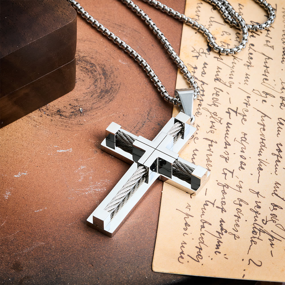 Christianartworkshop Collier croix à âme en acier torsadé double couche tricolore : La lumière de la foi divine à chaque instant - Argent - image 1