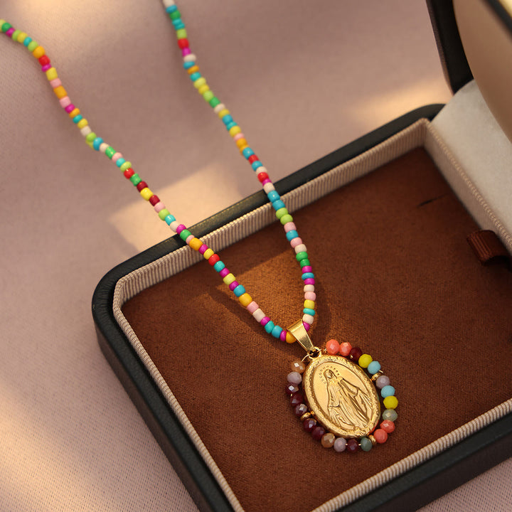Christianartworkshop Collier avec médaille Notre-Dame et bordure perlée : emblème de la dévotion mariale - Multicolore - image 0