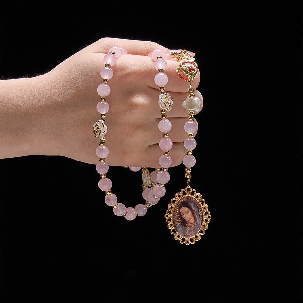 Christianartworkshop Chapelet des Sept Douleurs en quartz rose avec Sacré-Cœur : Emblème de la Compassion mariale - image 1