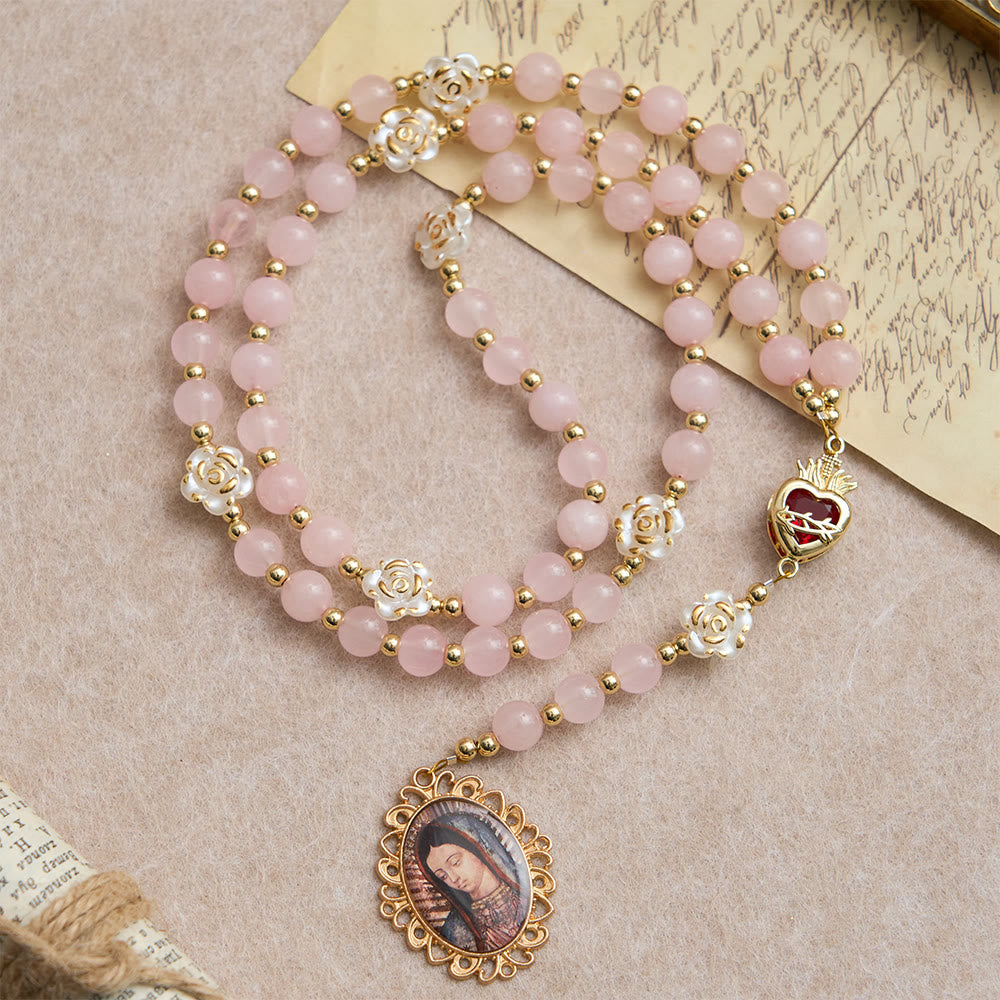 Christianartworkshop Chapelet des Sept Douleurs en quartz rose avec Sacré-Cœur : Emblème de la Compassion mariale - Chapelet en quartz rose - image 0
