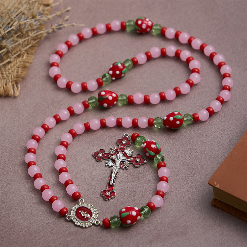 Christianartworkshop Chapelet de dévotion aux fraises douces avec perles de verre rose et ornements de la Vierge Marie - image 5