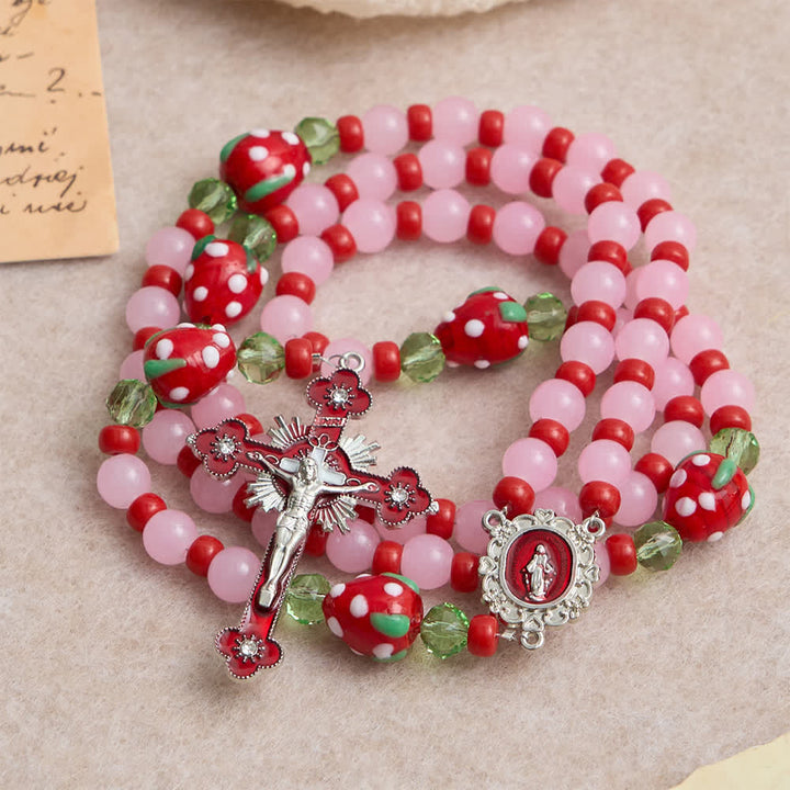 Christianartworkshop Chapelet de dévotion aux fraises douces avec perles de verre rose et ornements de la Vierge Marie - image 4