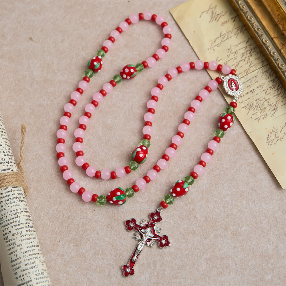 Christianartworkshop Chapelet de dévotion aux fraises douces avec perles de verre rose et ornements de la Vierge Marie - image 3