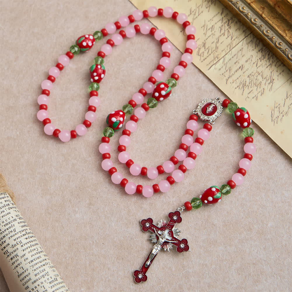Christianartworkshop Chapelet de dévotion aux fraises douces avec perles de verre rose et ornements de la Vierge Marie - image 2