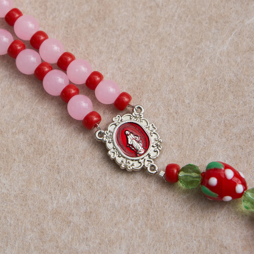Christianartworkshop Chapelet de dévotion aux fraises douces avec perles de verre rose et ornements de la Vierge Marie - image 7