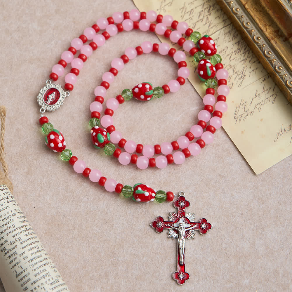 Christianartworkshop Chapelet de dévotion aux fraises douces avec perles de verre rose et ornements de la Vierge Marie - Chapelet de fraises - image 0