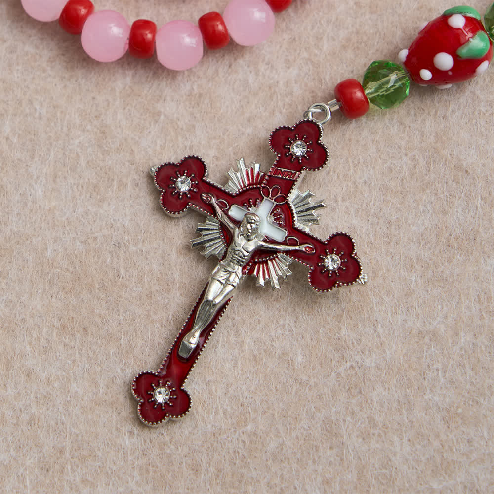 Christianartworkshop Chapelet de dévotion aux fraises douces avec perles de verre rose et ornements de la Vierge Marie - image 8