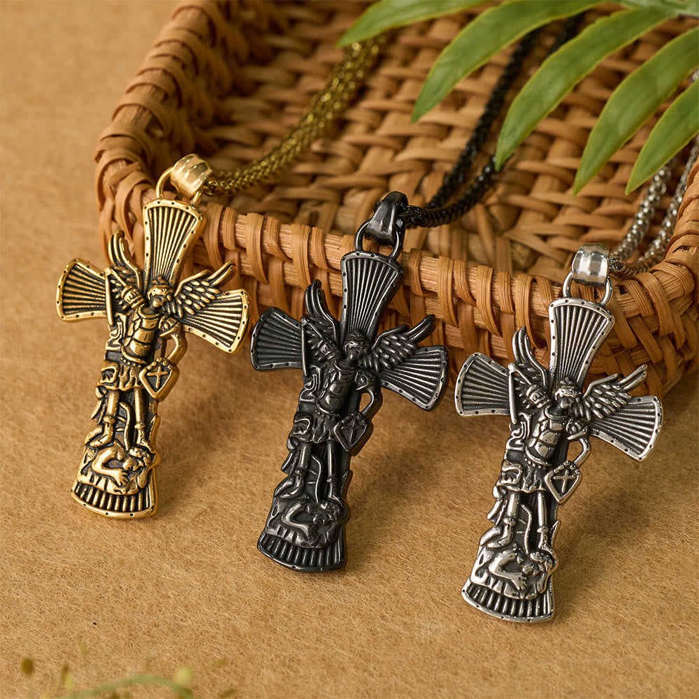 Christianartworkshop Pendentif Croix de Saint Michel Archange terrassant Satan : Emblème de protection divine - image 0