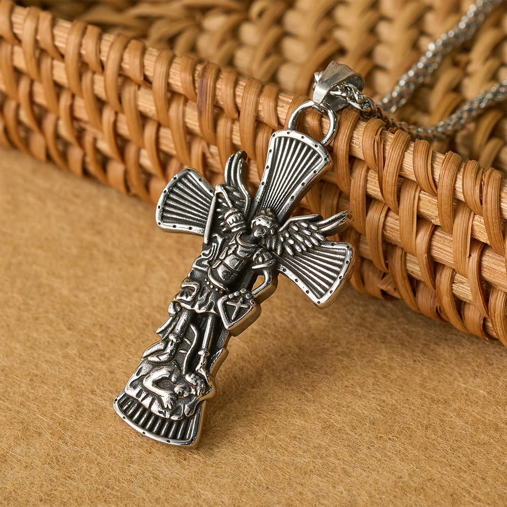 Christianartworkshop Pendentif Croix de Saint Michel Archange terrassant Satan : Emblème de protection divine - Argent - image 2