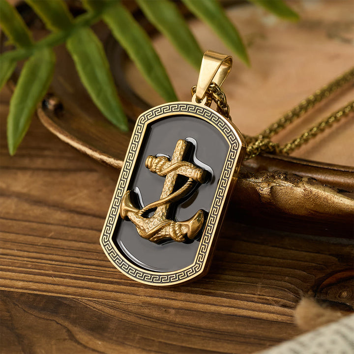 Christianartworkshop Collier pendentif en forme de plaque militaire avec croix ancre et motif grec : emblème de foi et d'espoir inébranlable - Or - image 0