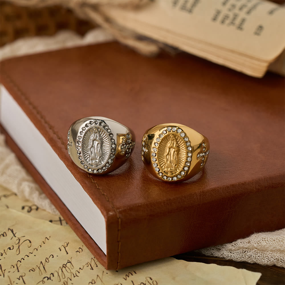 Christianartworkshop Bague chevalière audacieuse avec croix de Notre-Dame : Ancrez votre cœur dans la foi mariale - image 0