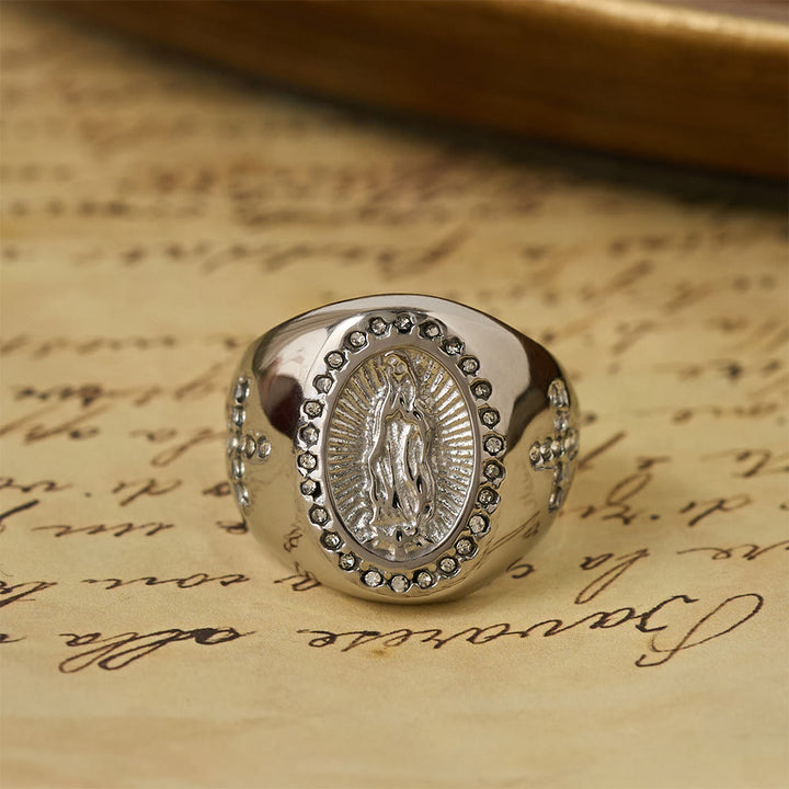 Christianartworkshop Bague chevalière audacieuse avec croix de Notre-Dame : Ancrez votre cœur dans la foi mariale - Argent - US 14 - image 6
