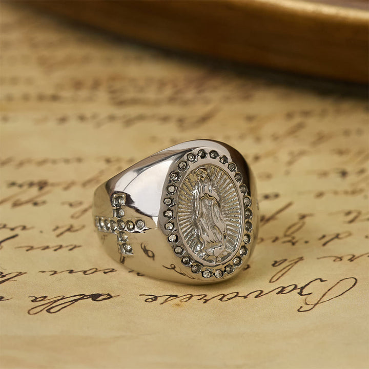 Christianartworkshop Bague chevalière audacieuse avec croix de Notre-Dame : Ancrez votre cœur dans la foi mariale - image 10
