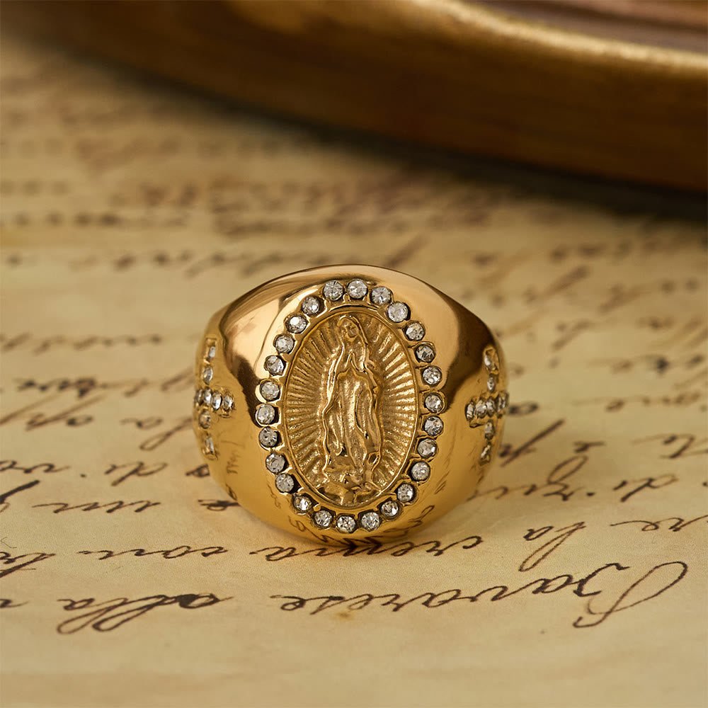 Christianartworkshop Bague chevalière audacieuse avec croix de Notre-Dame : Ancrez votre cœur dans la foi mariale - Doré - US 14 - image 1
