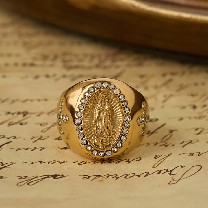 Christianartworkshop Bague chevalière audacieuse avec croix de Notre-Dame : Ancrez votre cœur dans la foi mariale - Doré - US 14 - image 1