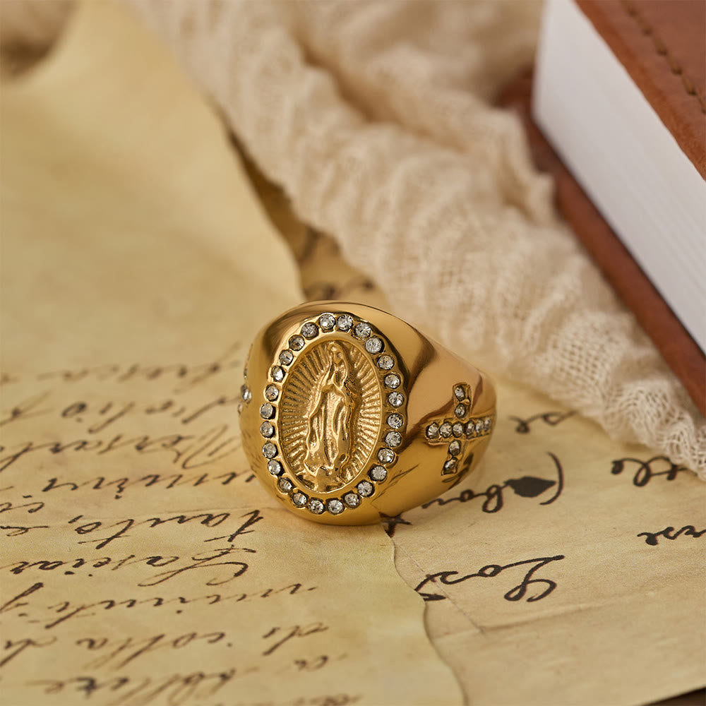 Christianartworkshop Bague chevalière audacieuse avec croix de Notre-Dame : Ancrez votre cœur dans la foi mariale - image 3