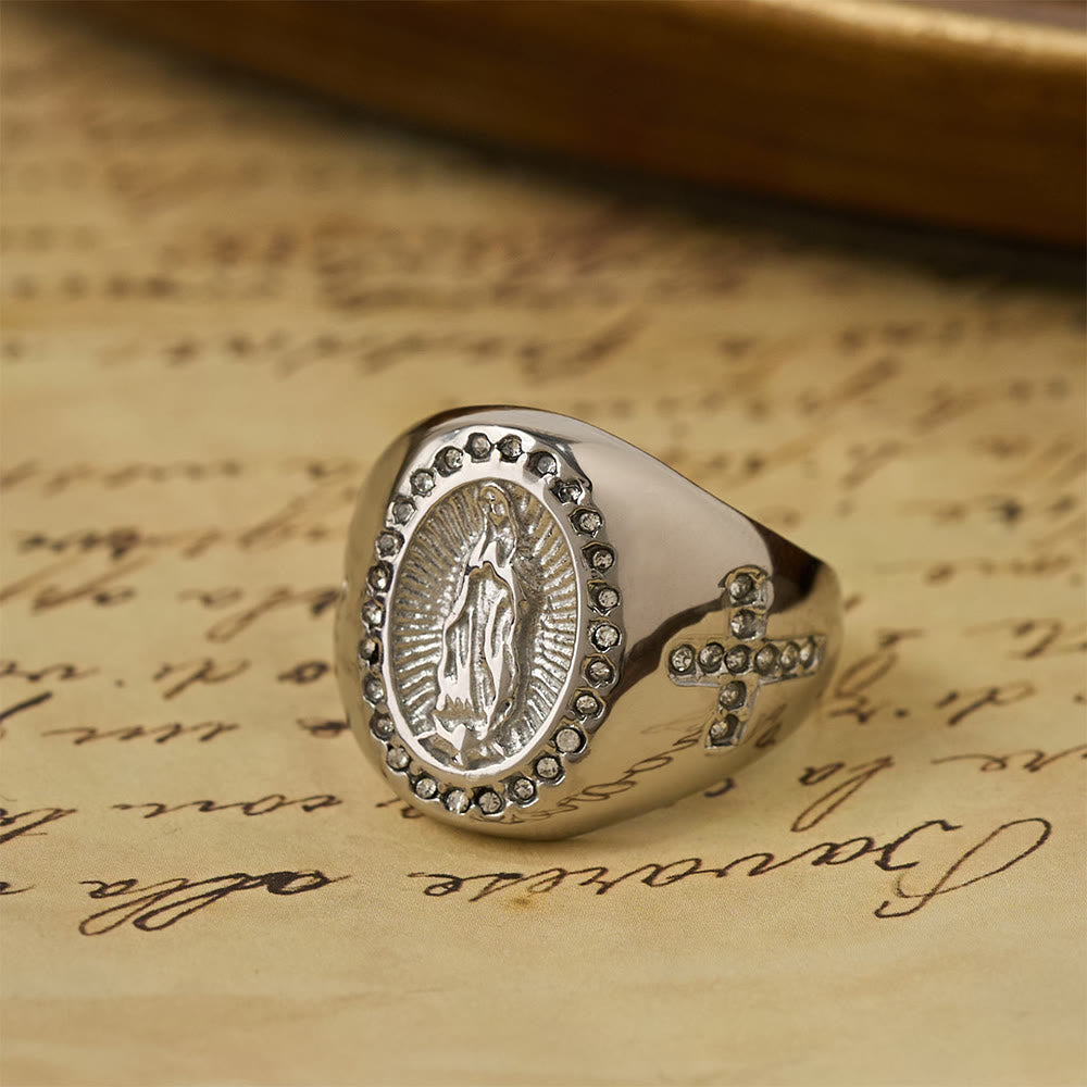 Christianartworkshop Bague chevalière audacieuse avec croix de Notre-Dame : Ancrez votre cœur dans la foi mariale - image 9