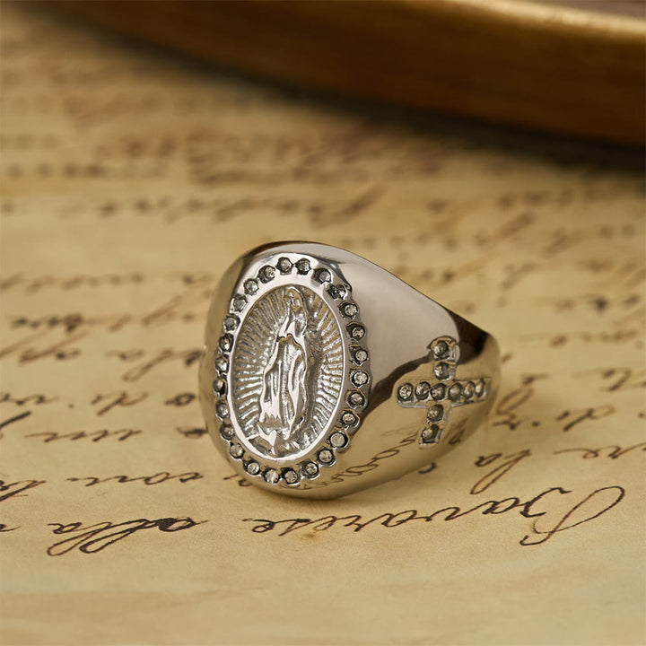 Christianartworkshop Bague chevalière audacieuse avec croix de Notre-Dame : Ancrez votre cœur dans la foi mariale - image 9