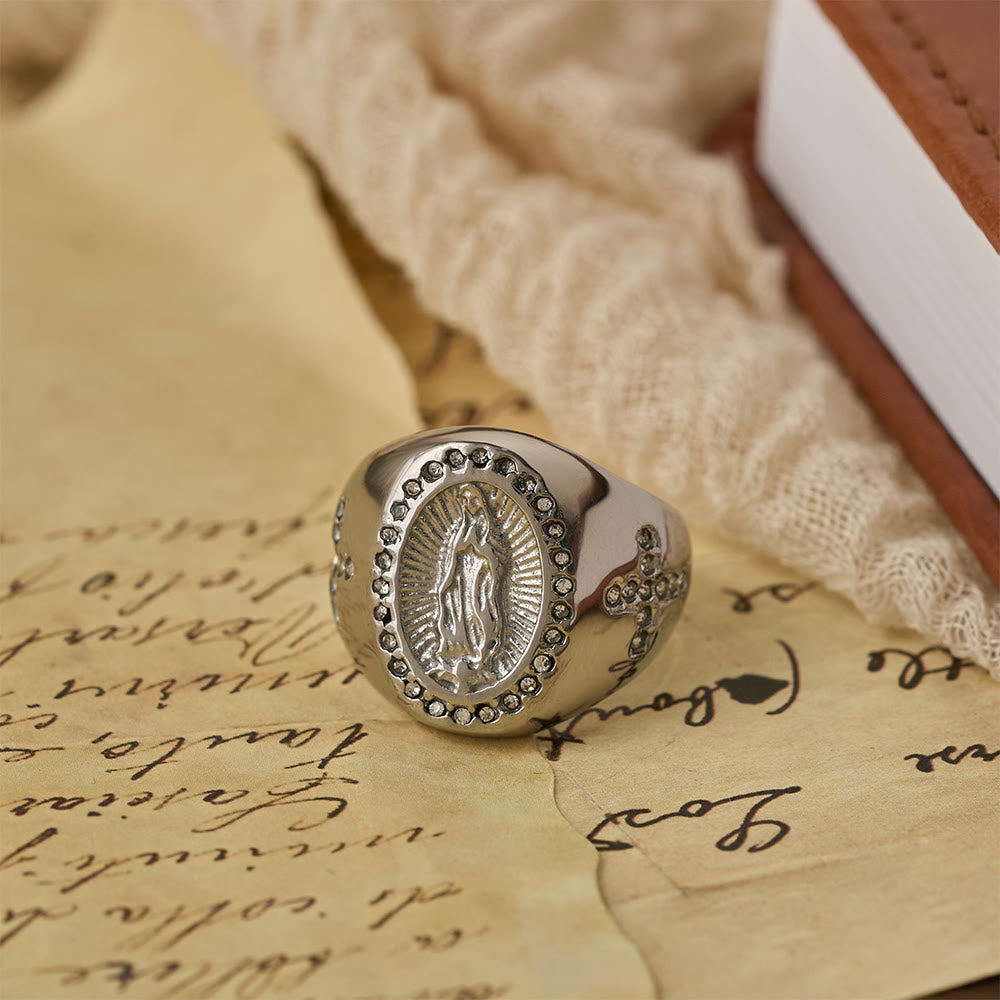 Christianartworkshop Bague chevalière audacieuse avec croix de Notre-Dame : Ancrez votre cœur dans la foi mariale - image 8