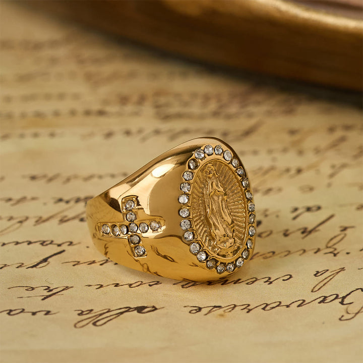 Christianartworkshop Bague chevalière audacieuse avec croix de Notre-Dame : Ancrez votre cœur dans la foi mariale - image 4