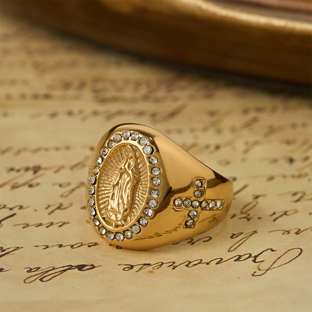 Christianartworkshop Bague chevalière audacieuse avec croix de Notre-Dame : Ancrez votre cœur dans la foi mariale - image 5