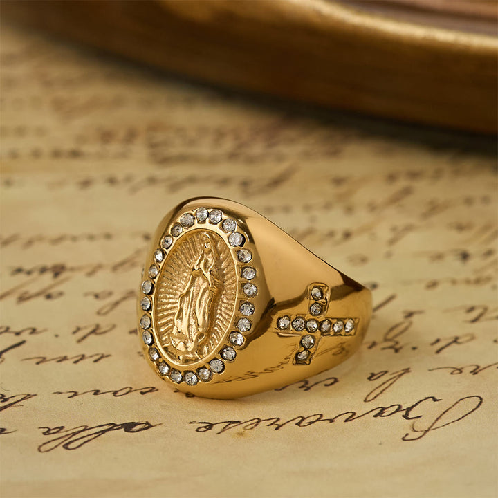 Christianartworkshop Bague chevalière audacieuse avec croix de Notre-Dame : Ancrez votre cœur dans la foi mariale - image 5