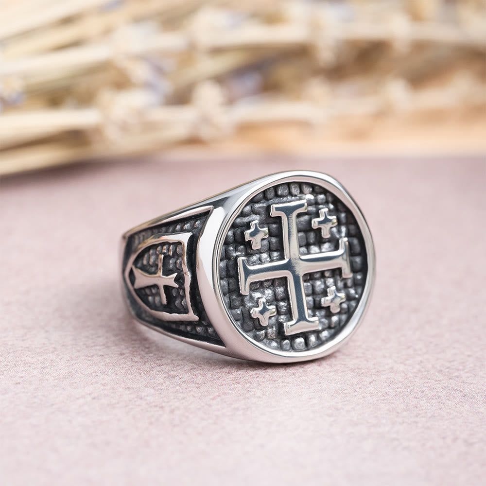 Christianartworkshop Bague chevalière ronde et carrée Croix de Jérusalem : emblème de l'unité de la foi - Rond - US 15 - image 3