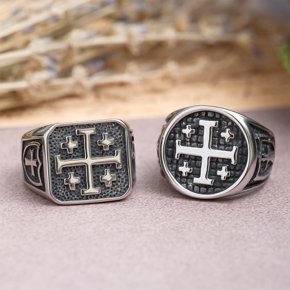 Christianartworkshop Bague chevalière ronde et carrée Croix de Jérusalem : emblème de l'unité de la foi - image 0