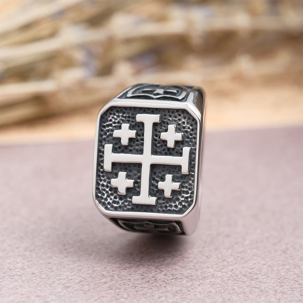 Christianartworkshop Bague chevalière ronde et carrée Croix de Jérusalem : emblème de l'unité de la foi - image 6