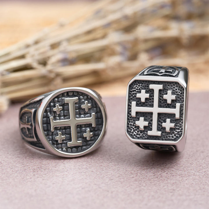 Christianartworkshop Bague chevalière ronde et carrée Croix de Jérusalem : emblème de l'unité de la foi - image 1