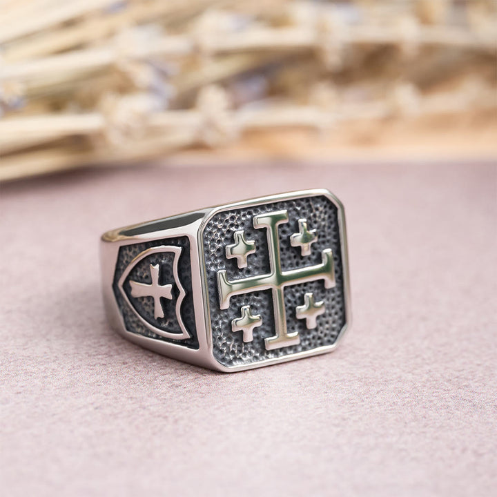 Christianartworkshop Bague chevalière ronde et carrée Croix de Jérusalem : emblème de l'unité de la foi - Carré - US 15 - image 5
