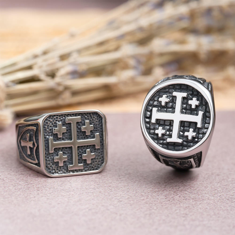 Christianartworkshop Bague chevalière ronde et carrée Croix de Jérusalem : emblème de l'unité de la foi - image 2